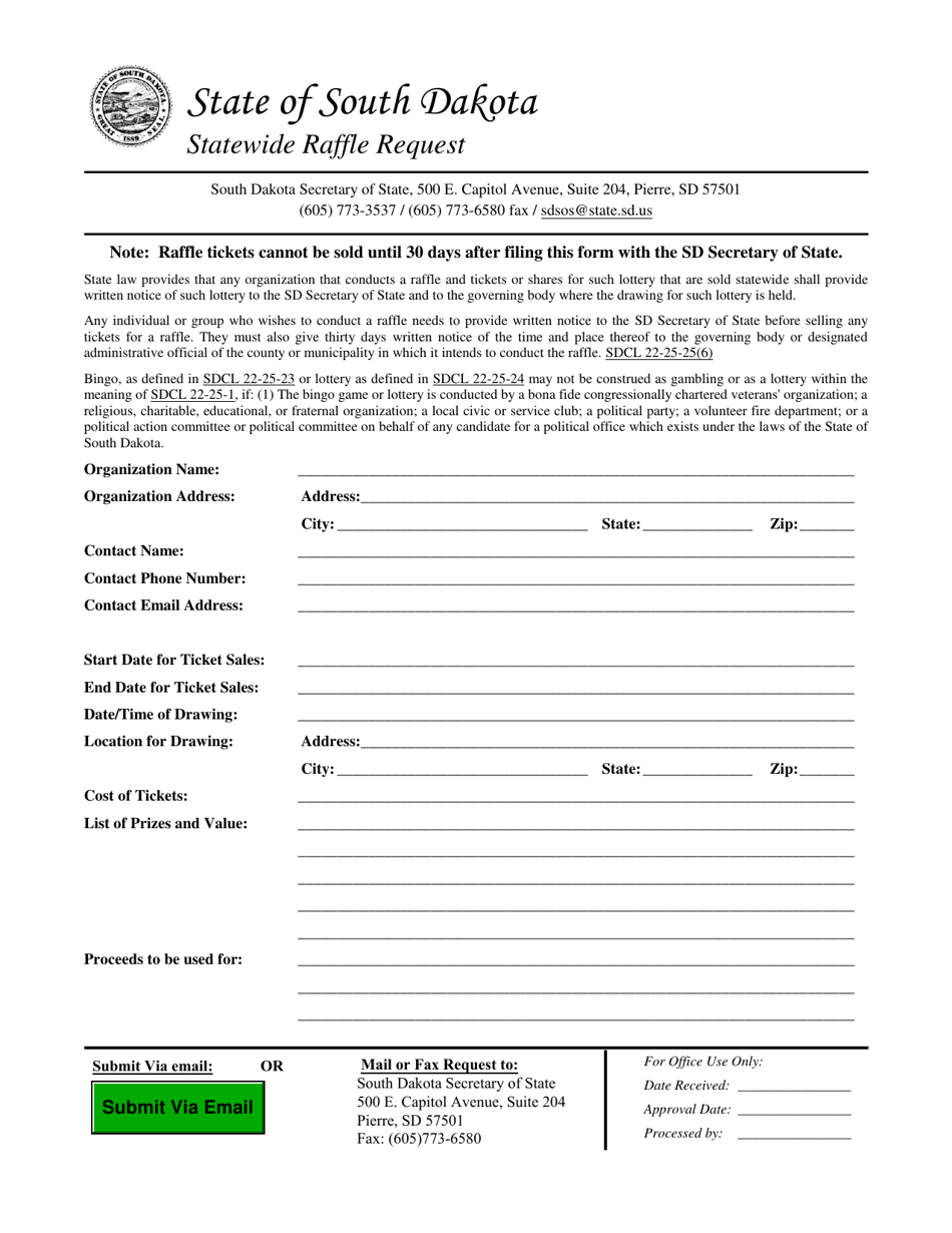 South Dakota Statewide Raffle Request Download Fillable PDF