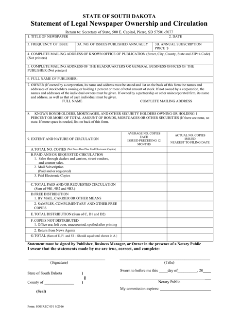 Form SOS REC051 Statement of Legal Newspaper Ownership and Circulation - South Dakota