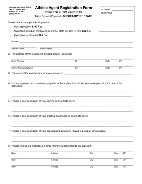 Athlete Agent Registration Form - South Dakota Download Pdf