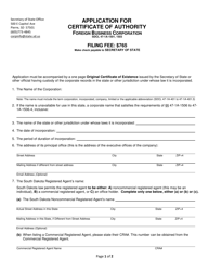 Document preview: Application for Certificate of Authority - Foreign Business Corporation - South Dakota