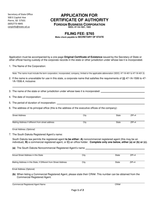 Application for Certificate of Authority - Foreign Business Corporation - South Dakota Download Pdf