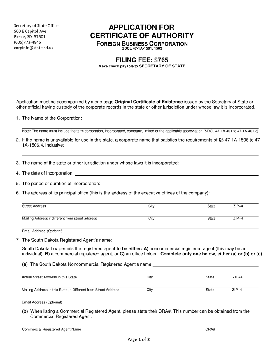 Application for Certificate of Authority - Foreign Business Corporation - South Dakota, Page 1