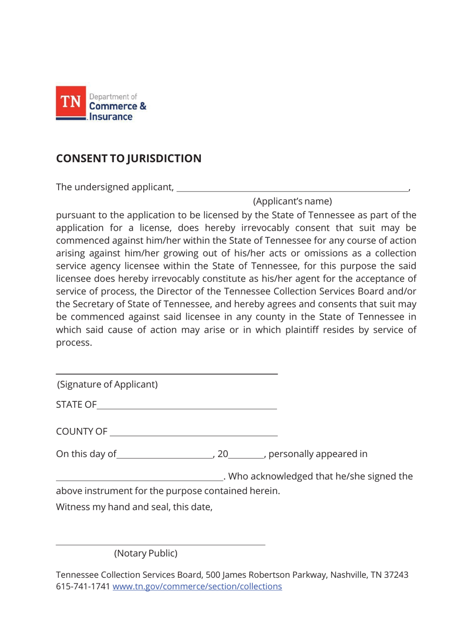 Tennessee Consent to Jurisdiction Fill Out, Sign Online and Download