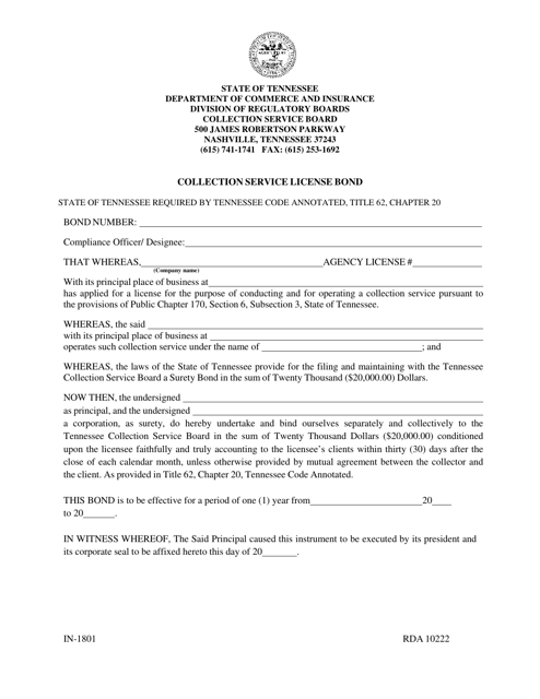 Form IN-1801 Collection Service License Bond - Tennessee
