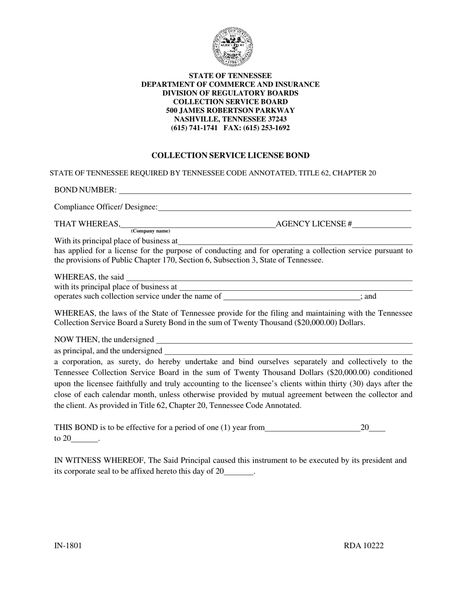 Form IN-1801 Collection Service License Bond - Tennessee, Page 1