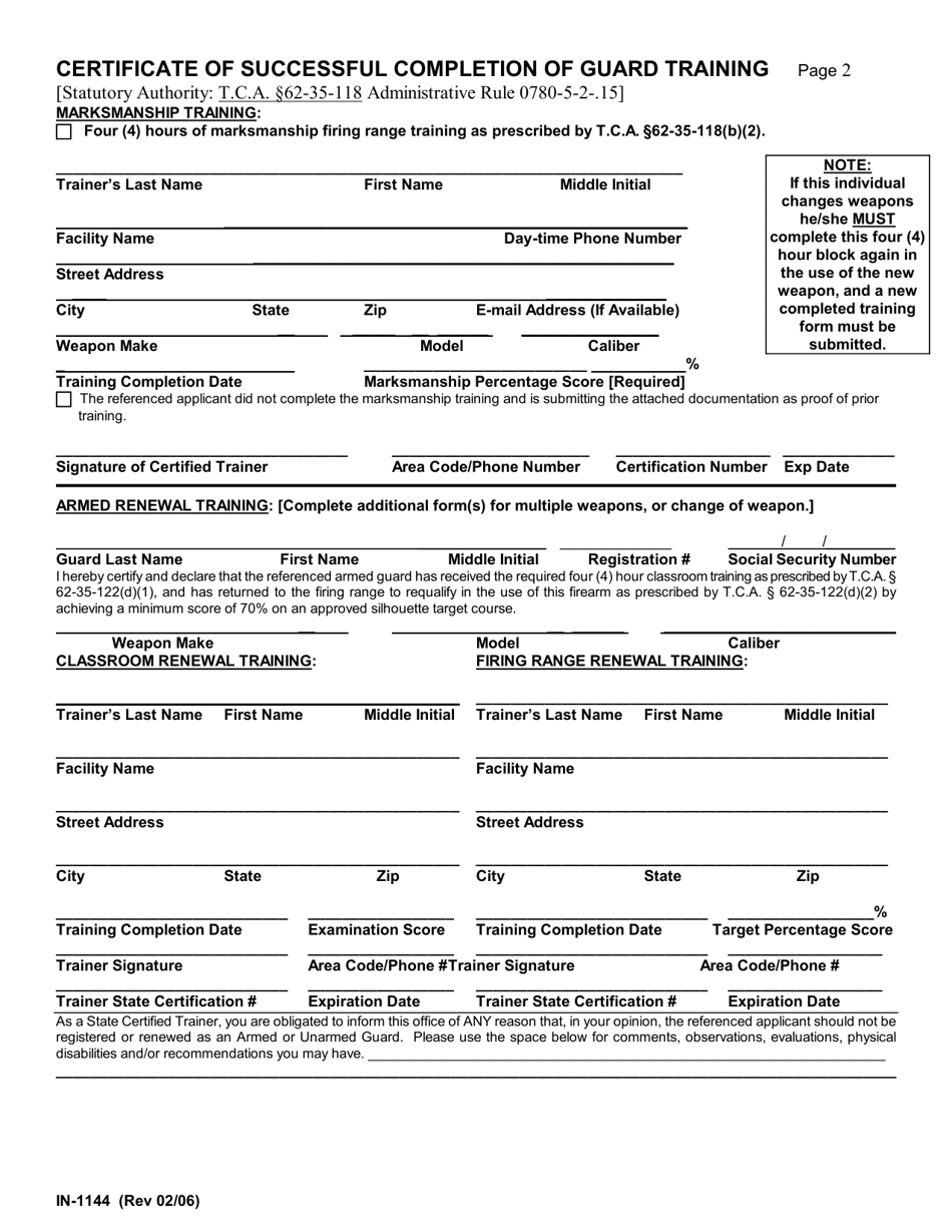 Form IN-1144 Certificate of Successful Completion of Guard Training - Tennessee, Page 2