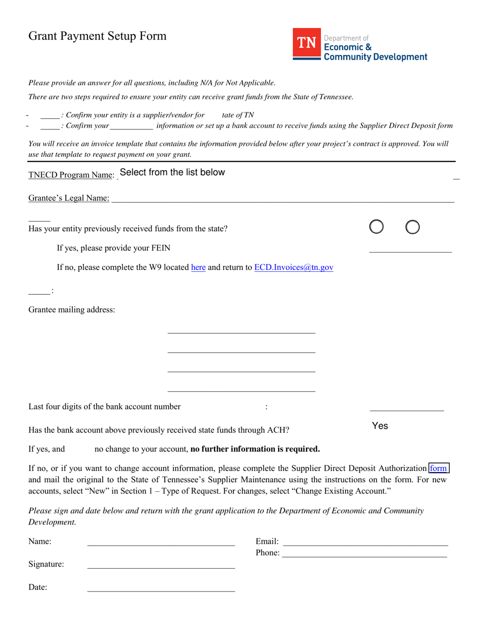 Grant Payment Setup Form - Tennessee, Page 1