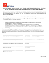 Document preview: Verification of Completion of an Approved Additional Endorsement Program by an Educator Preparation Provider in a State Other Than Tennessee - Tennessee