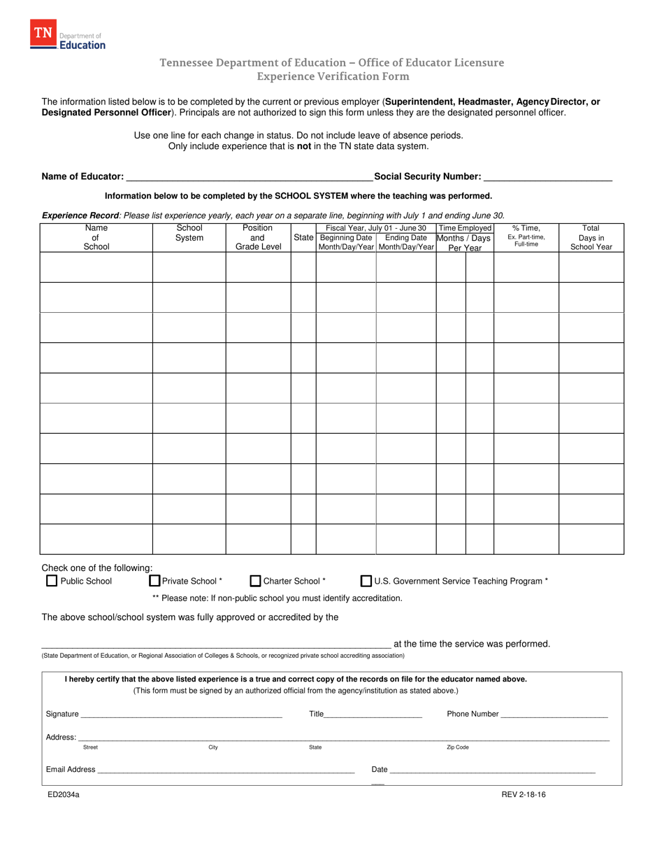 Form ED2034A Experience Verification Form - Tennessee, Page 1