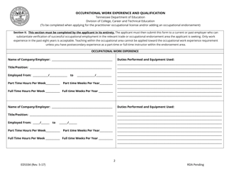 Form ED5334 Occupational Work Experience and Qualification - Tennessee, Page 2