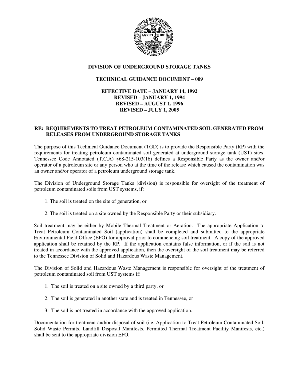 Form 009 Requirements to Treat Petroleum Contaminated Soil Generated From Releases From Undergroung Storage Tanks - Tennessee, Page 1