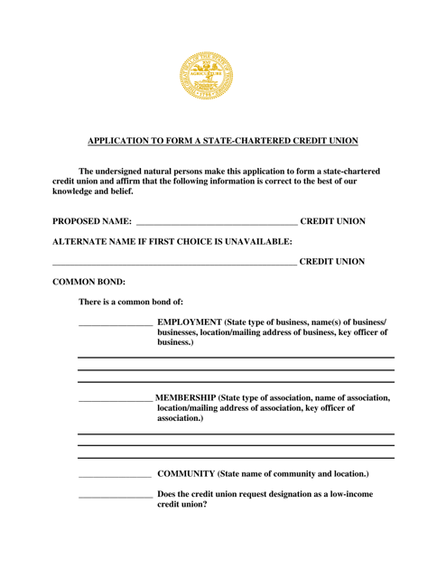 &quot;Application to Form a State-Chartered Credit Union&quot; - Tennessee Download Pdf