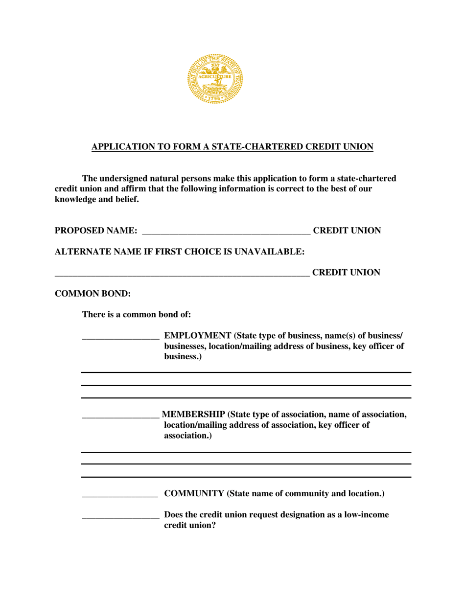 Application to Form a State-Chartered Credit Union - Tennessee, Page 1