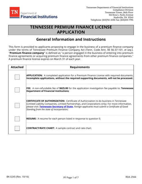 Form BK-0245 Tennessee Premium Finance License Application - Tennessee