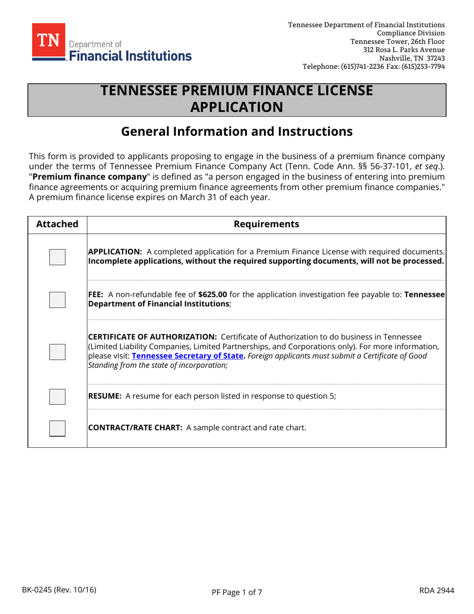 Form BK-0245 Tennessee Premium Finance License Application - Tennessee, Page 1