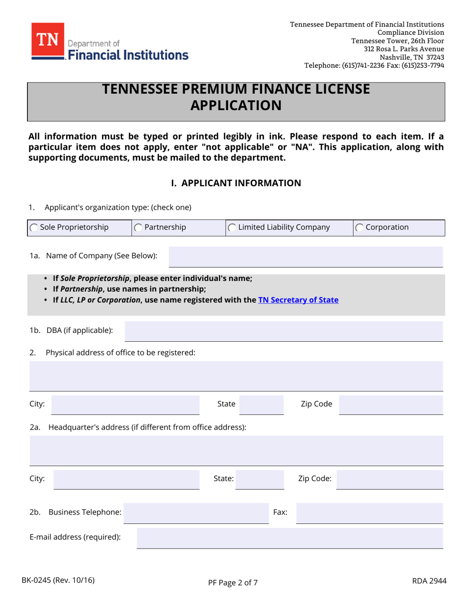 Form BK-0245 Tennessee Premium Finance License Application - Tennessee, Page 2