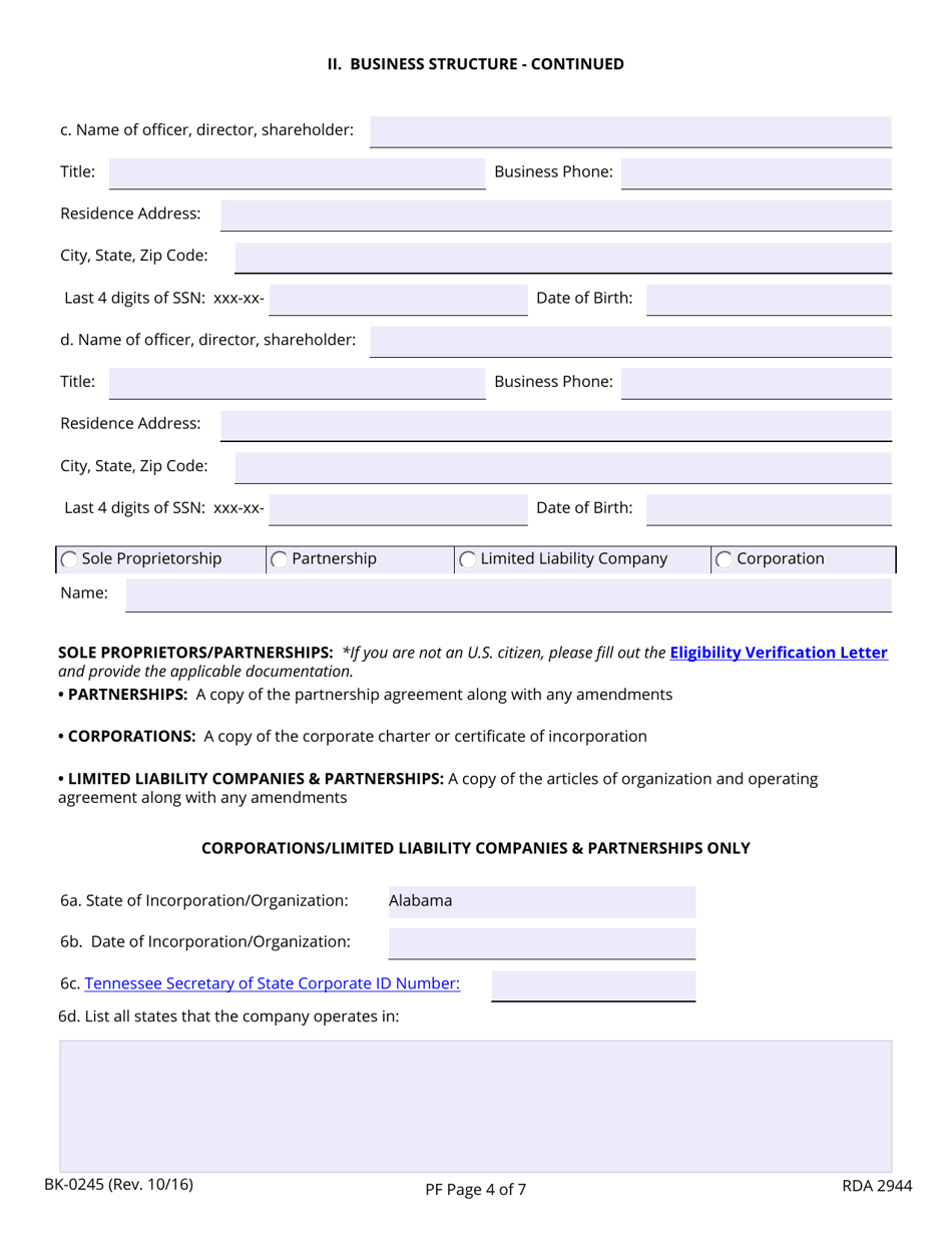 Form BK-0245 Tennessee Premium Finance License Application - Tennessee, Page 4