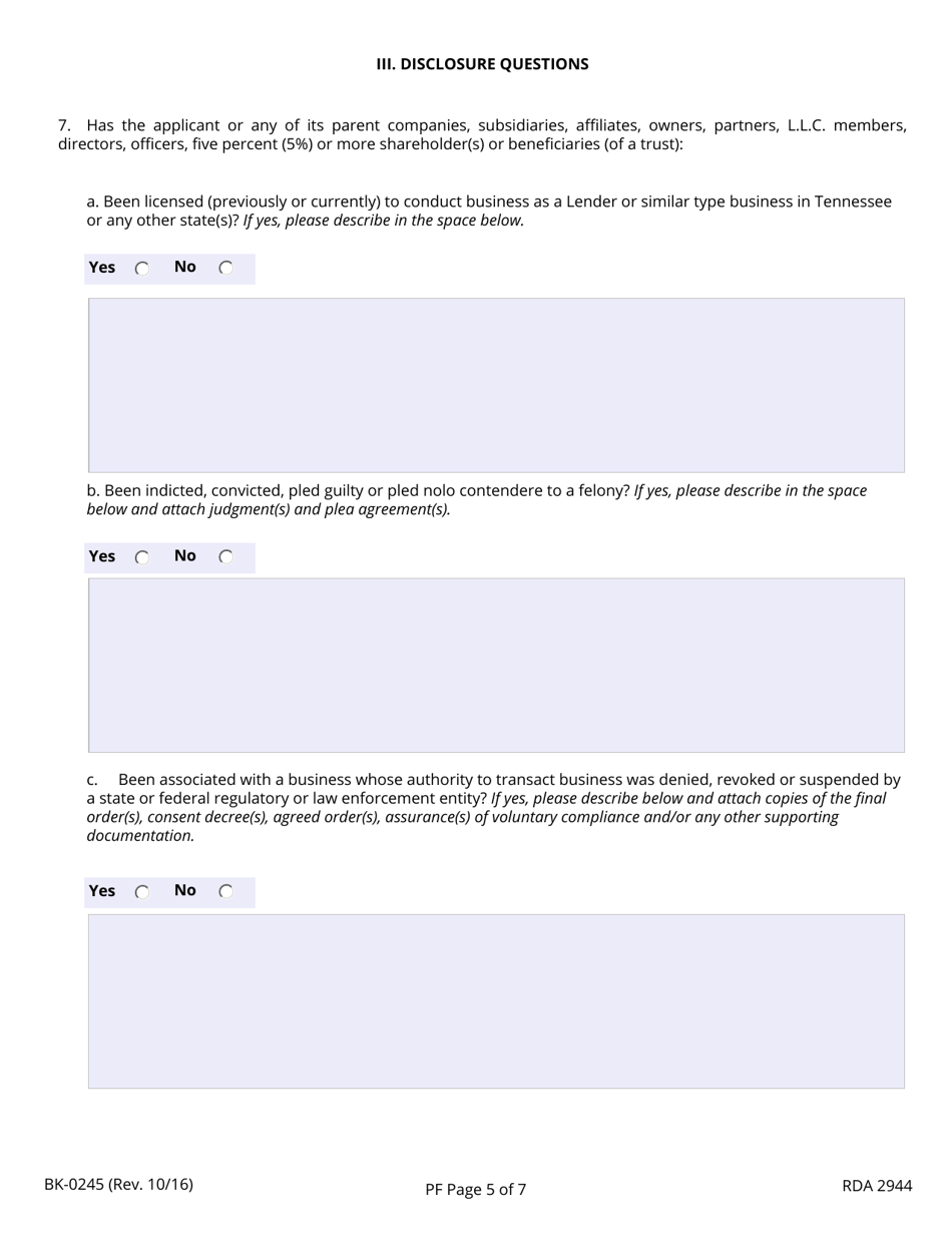 Form BK-0245 Tennessee Premium Finance License Application - Tennessee, Page 5