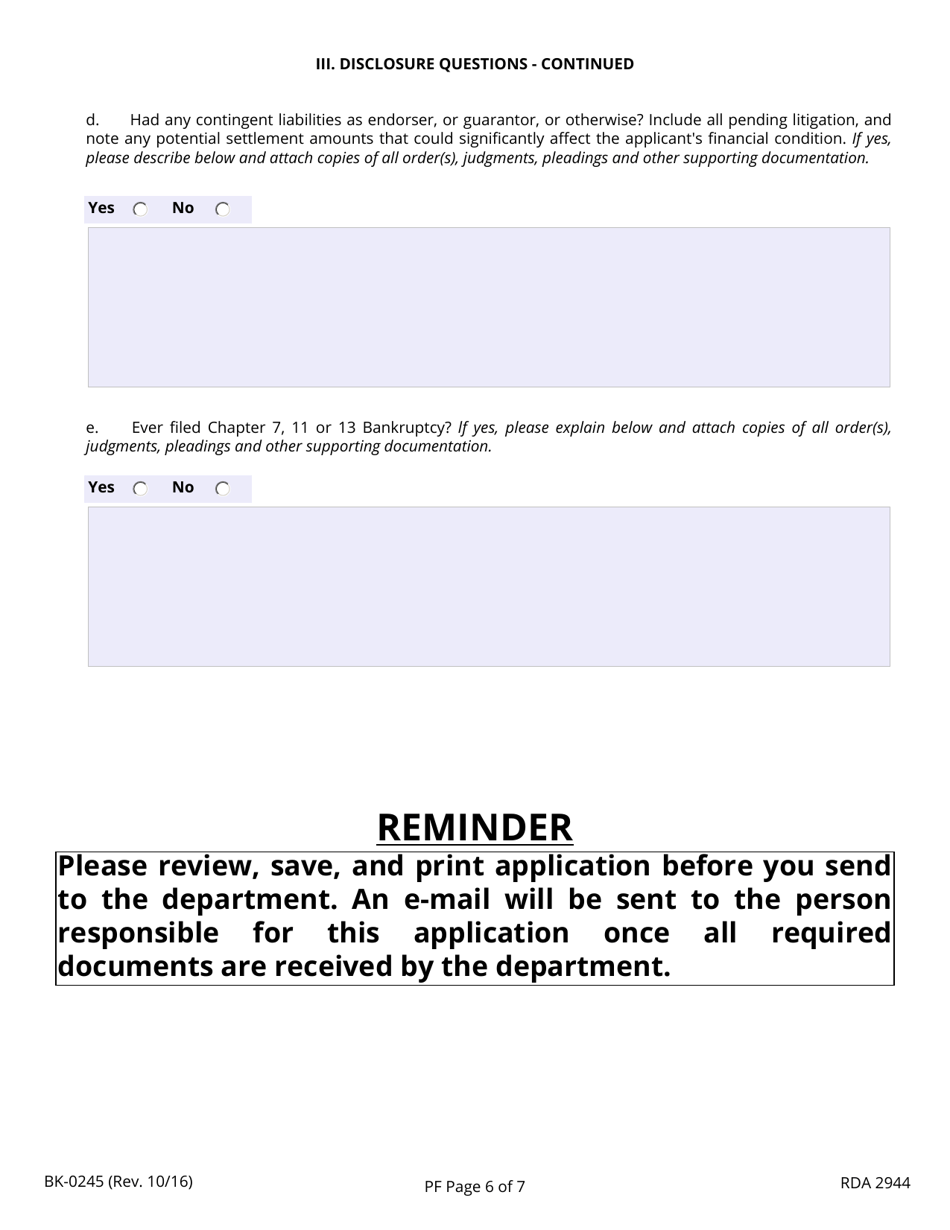 Form BK-0245 Tennessee Premium Finance License Application - Tennessee, Page 6