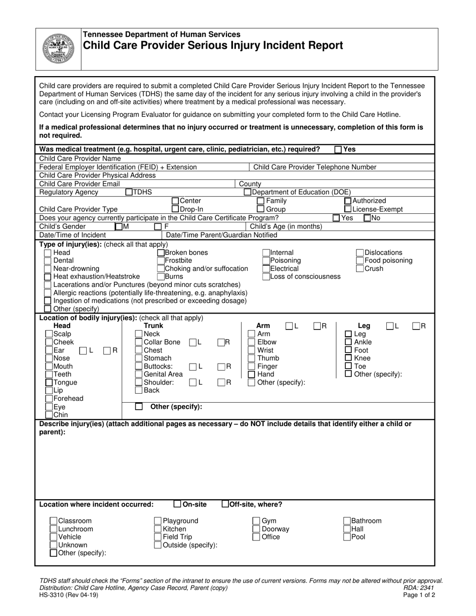 Form HS-3310 Child Care Provider Serious Injury Incident Report - Tennessee, Page 1