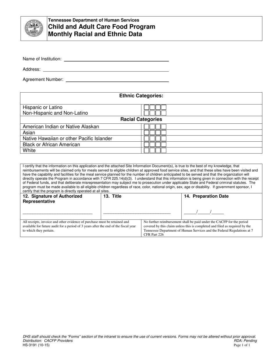 Form HS-3191 Child and Adult Care Food Program Monthly Racial and Ethnic Data - Tennessee, Page 1