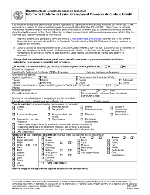 Formulario HS-3310SP Informe De Incidente De Lesion Grave Para El Proveedor De Cuidado Infantil - Tennessee (Spanish)