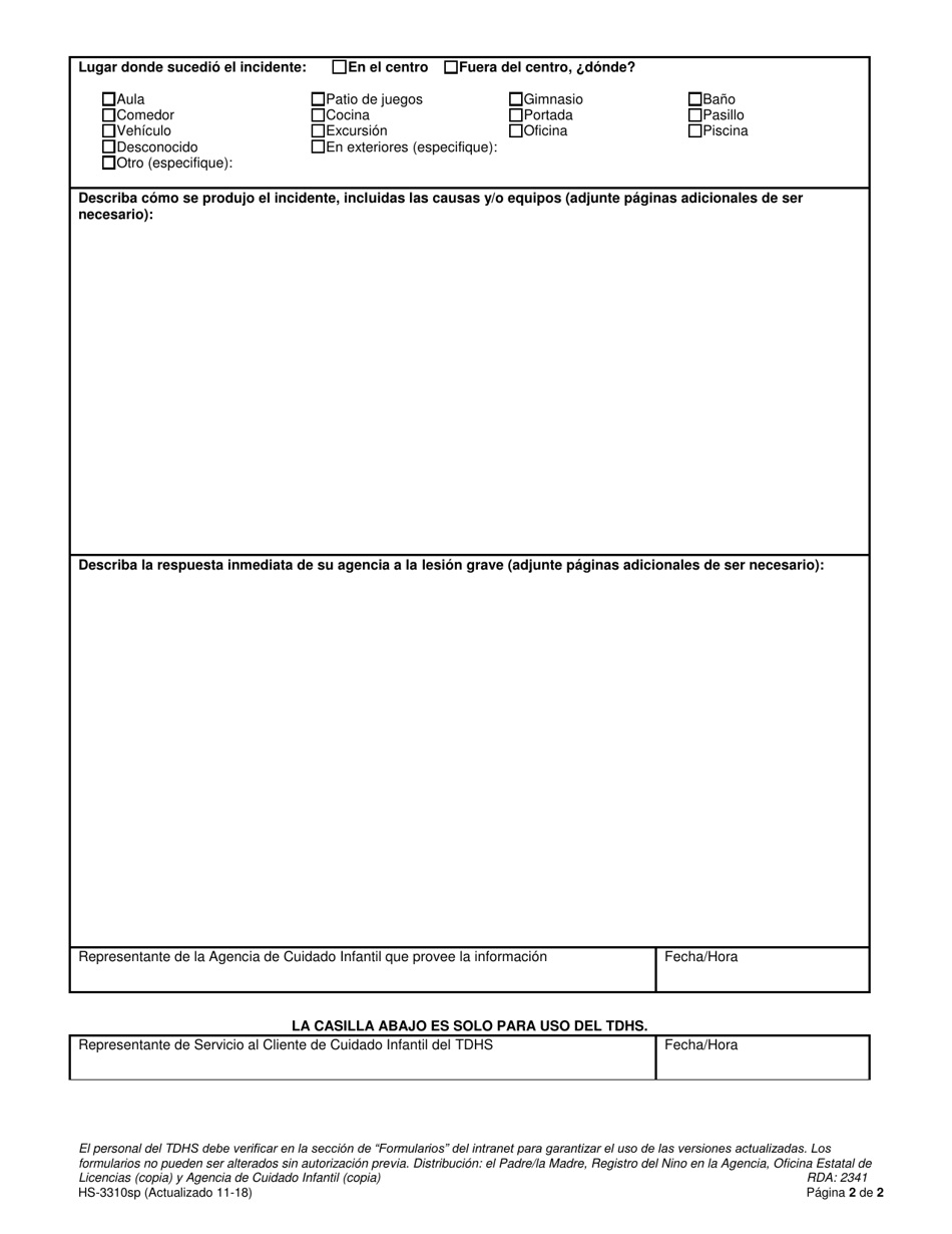 Formulario HS-3310SP Informe De Incidente De Lesion Grave Para El Proveedor De Cuidado Infantil - Tennessee (Spanish), Page 2