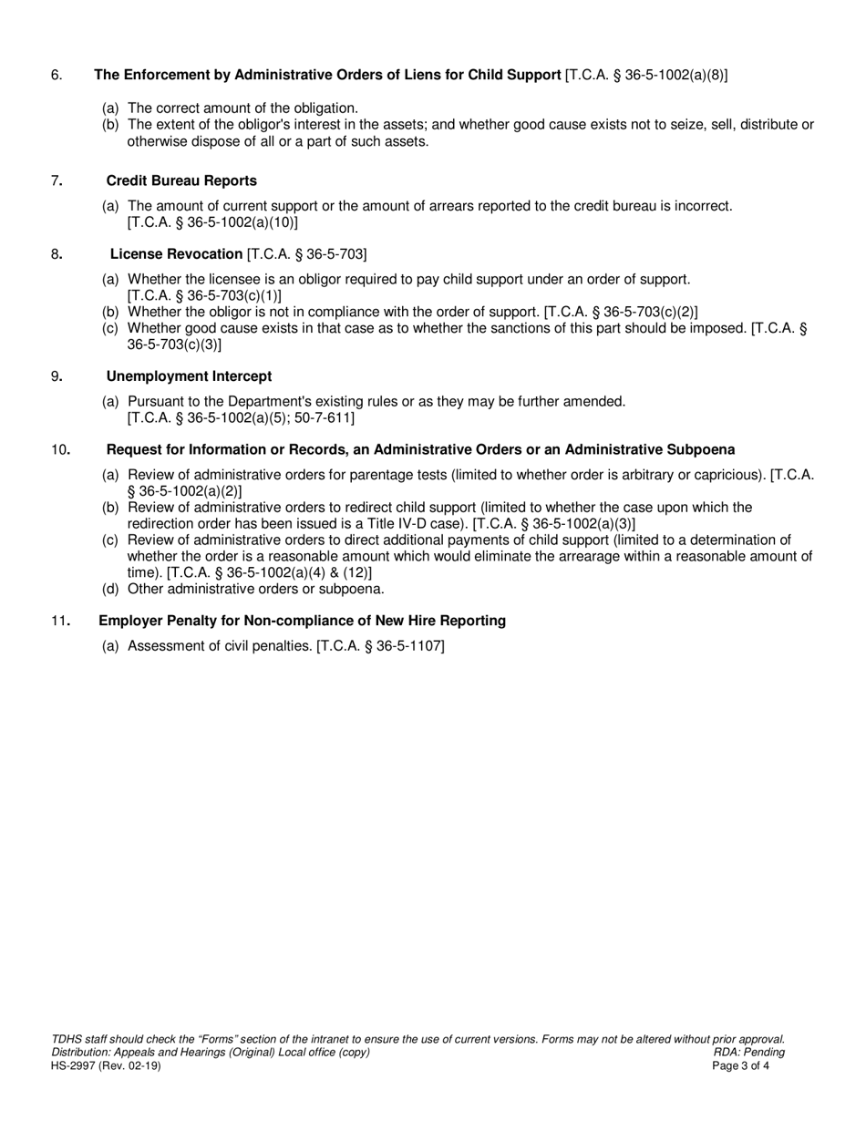 Form HS-2997 Request for Administrative Hearing - Tennessee, Page 3