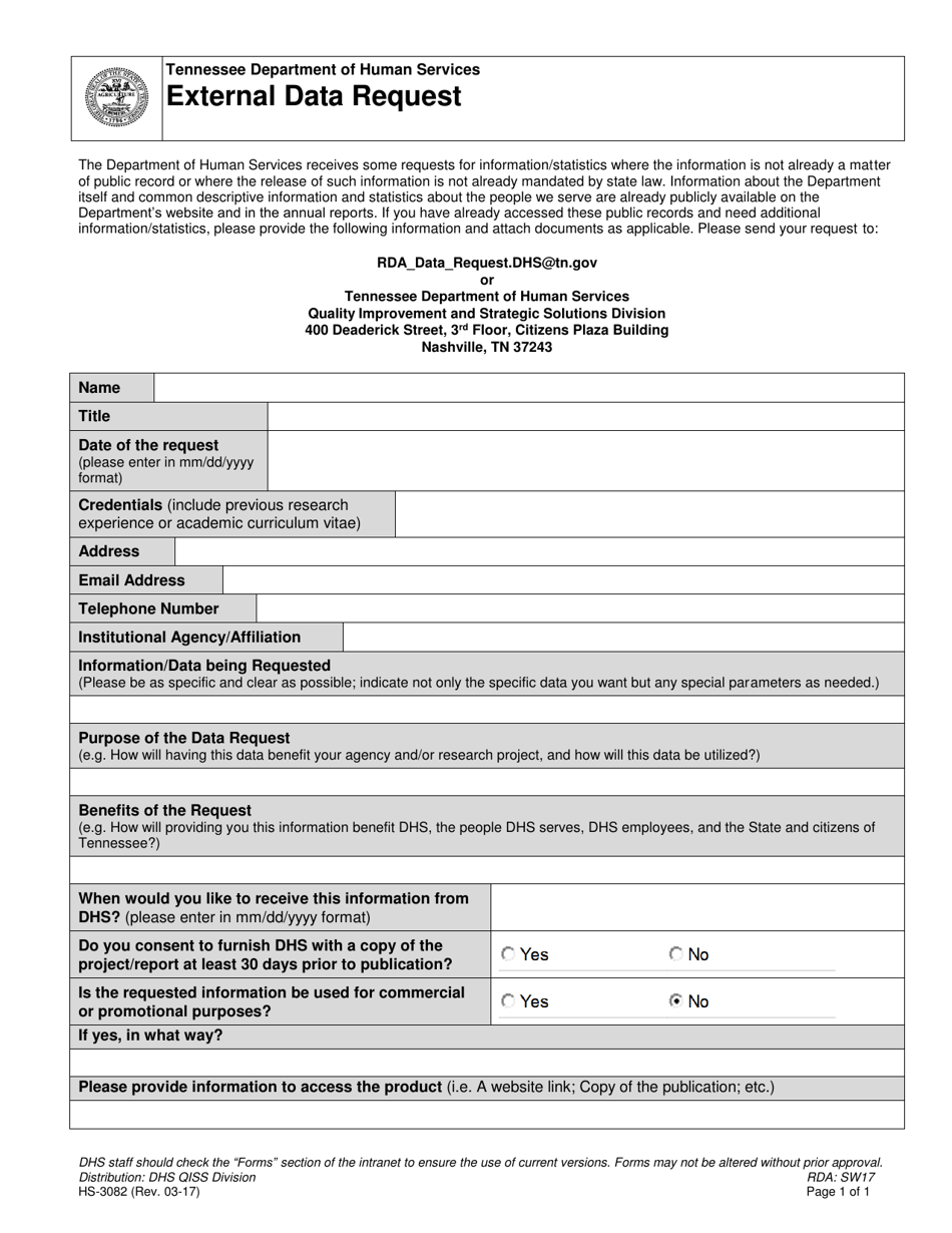 Form HS-3082 External Data Request - Tennessee, Page 1