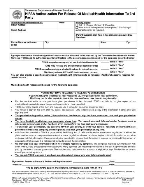 Form HS-2939 HIPAA Authorization for Release of Medical/Health Information to 3rd Party - Tennessee