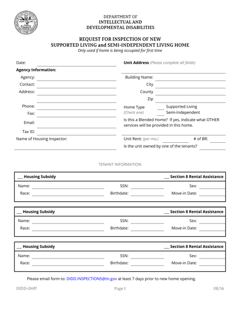 Form DIDD-0497 Request for Inspection of New Supported Living and Semi-independent Living Home - Tennessee
