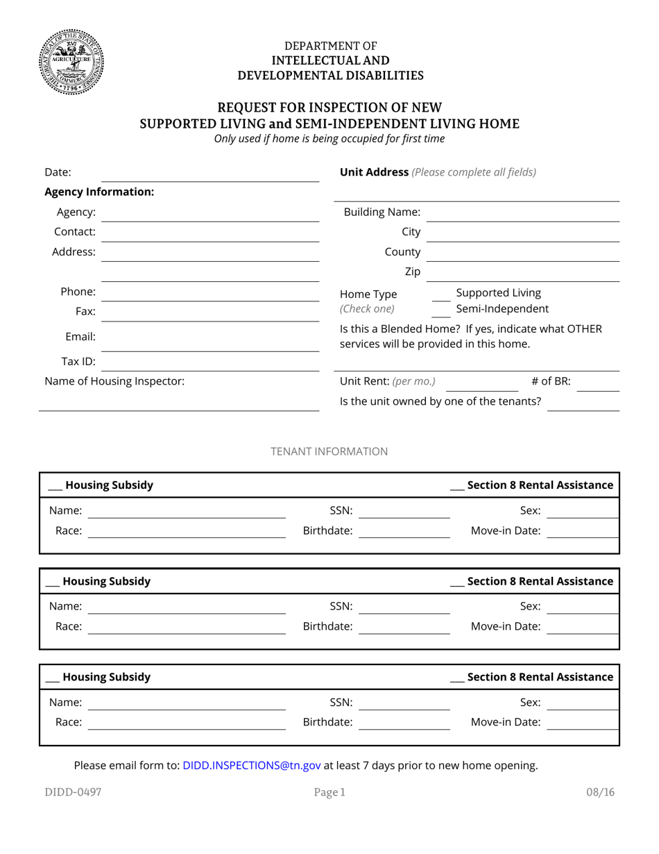 Form DIDD-0497 Request for Inspection of New Supported Living and Semi-independent Living Home - Tennessee, Page 1