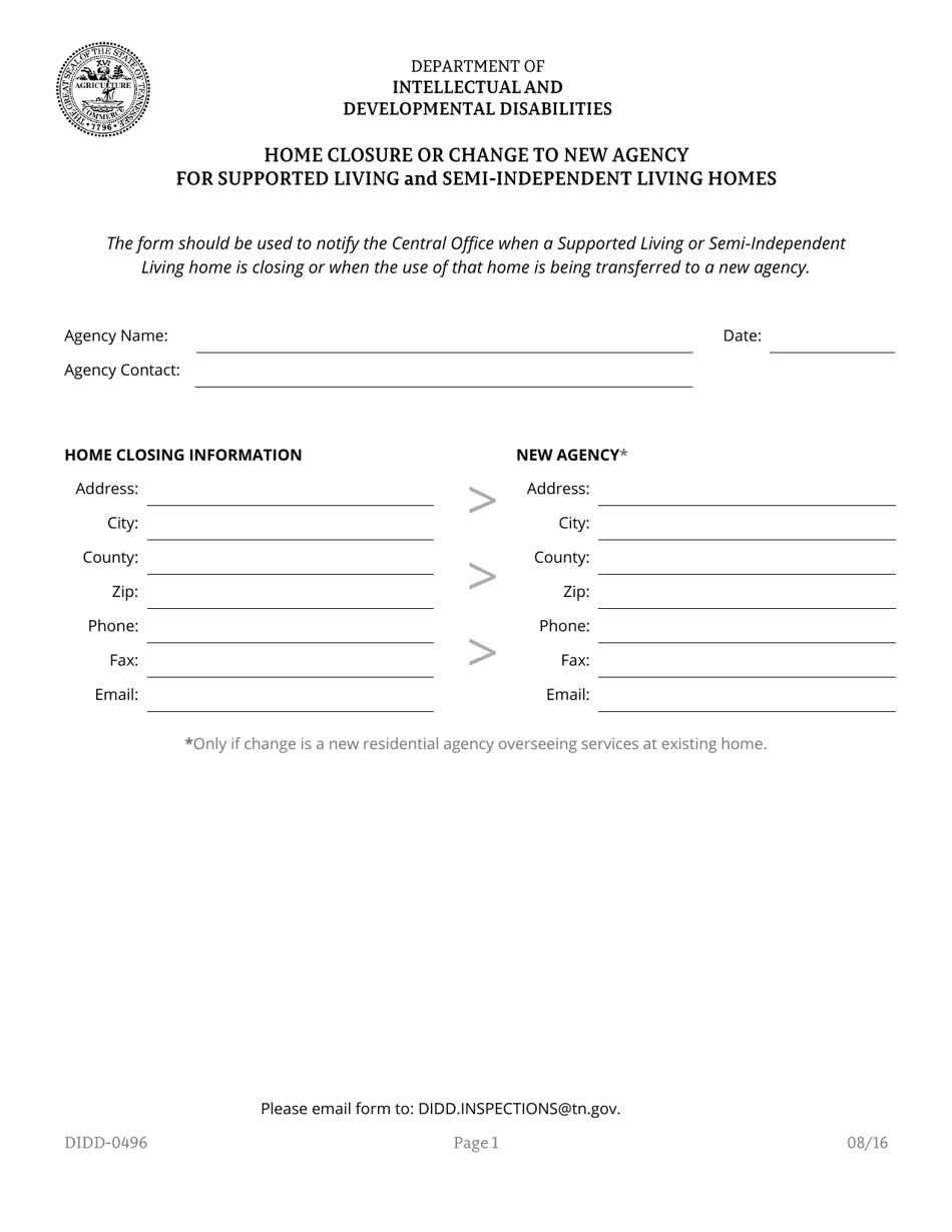 Form DIDD-0496 Home Closure or Change to New Agency for Supported Living and Semi-independent Living Homes - Tennessee, Page 1