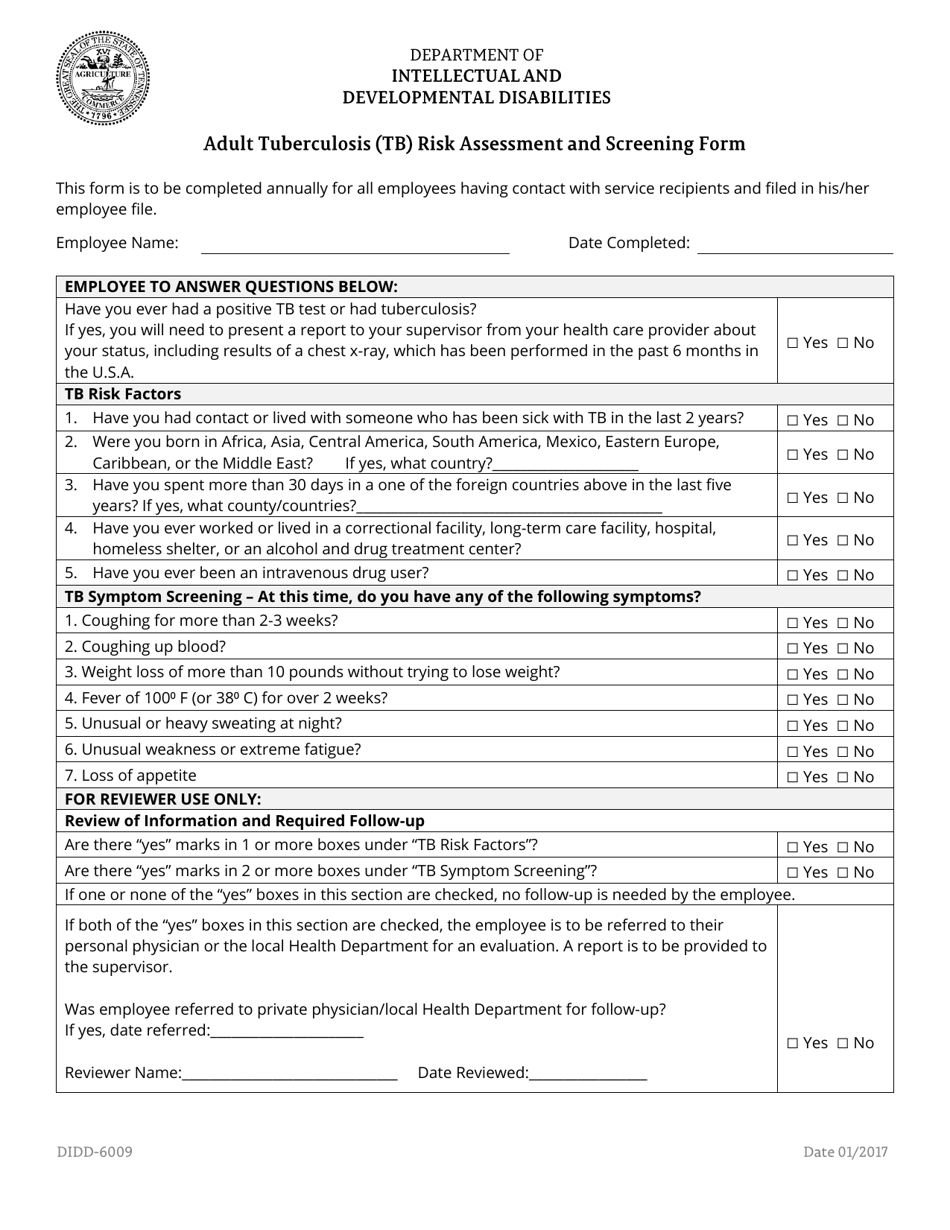 Form DIDD-6009 Adult Tuberculosis (Tb) Risk Assessment and Screening Form - Tennessee, Page 1
