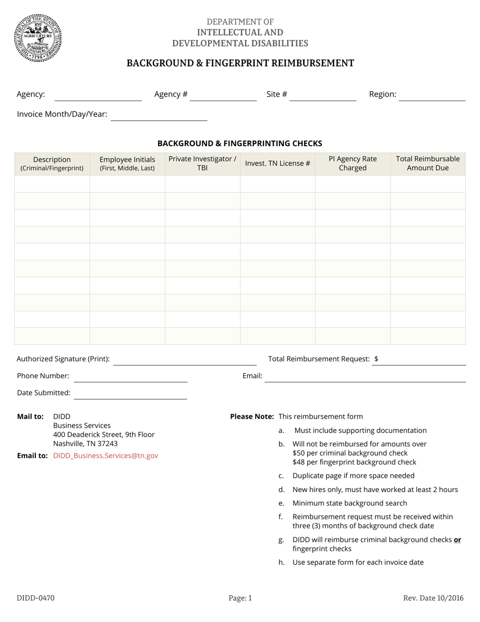 Form DIDD-0470 Background  Fingerprint Reimbursement - Tennessee, Page 1
