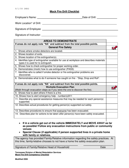 Mock Fire Drill Competency Checklist - Tennessee Download Pdf