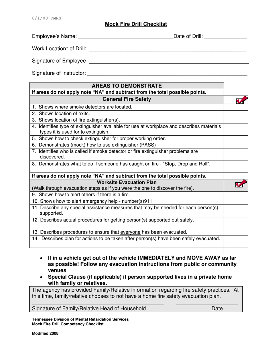 Mock Fire Drill Competency Checklist - Tennessee, Page 1