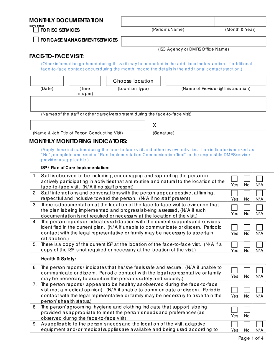 Monthly Documentation Form - Tennessee, Page 1