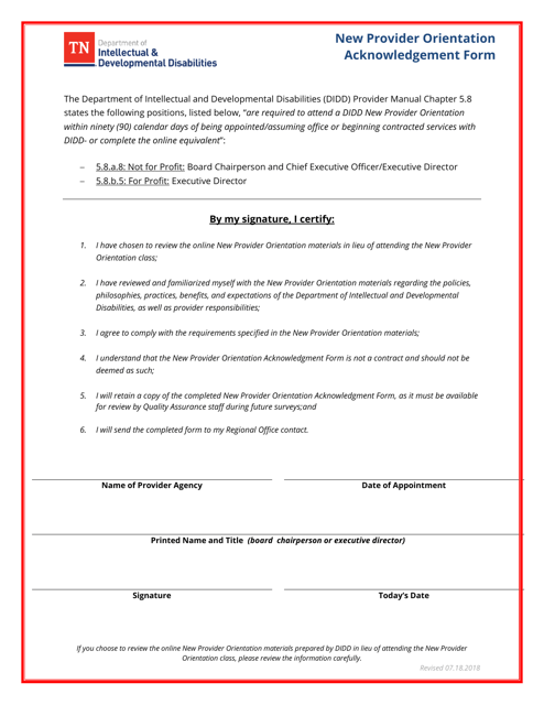 New Provider Orientation Acknowledgement Form - Tennessee