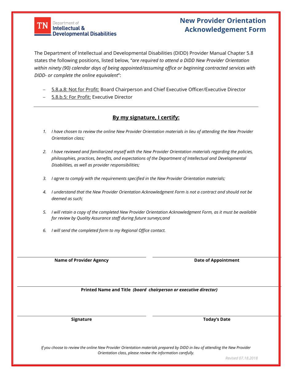 New Provider Orientation Acknowledgement Form - Tennessee, Page 1