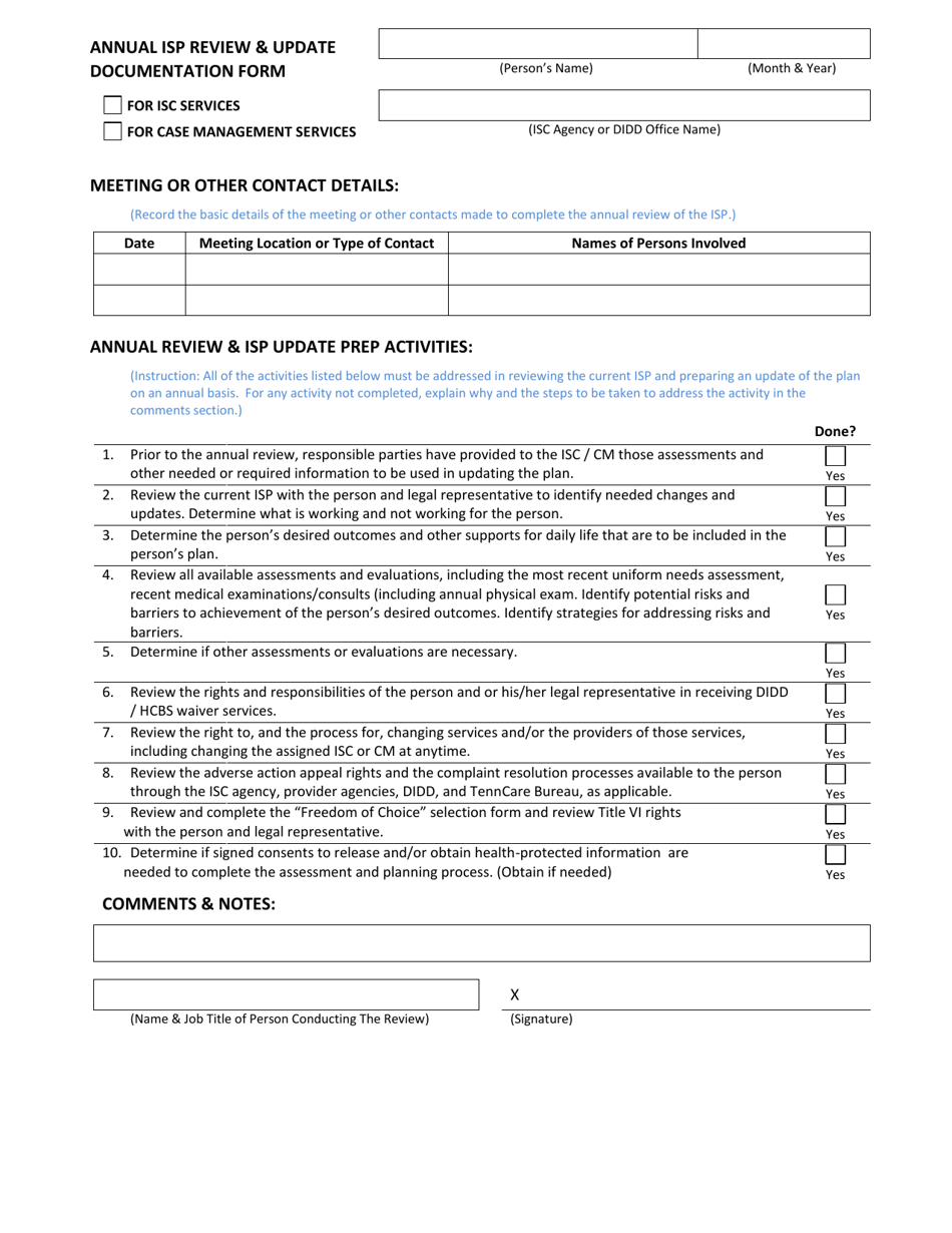 Annual Isp Review  Update Documentation Form - Tennessee, Page 1