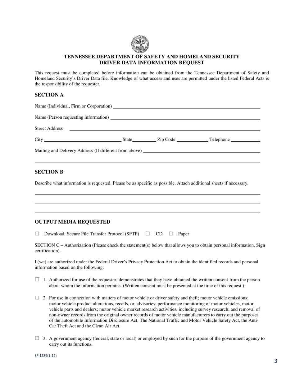 Form SF-1289 Driver Data Information Request - Tennessee, Page 3
