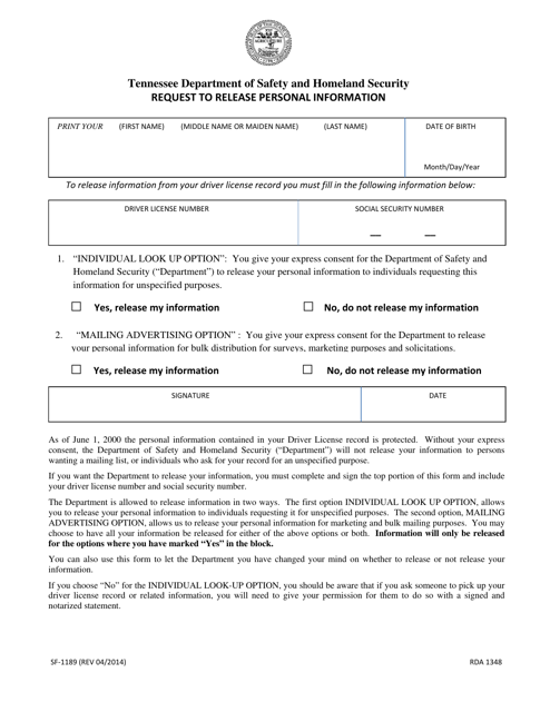 Form SF-1189 Request to Release Personal Information - Tennessee