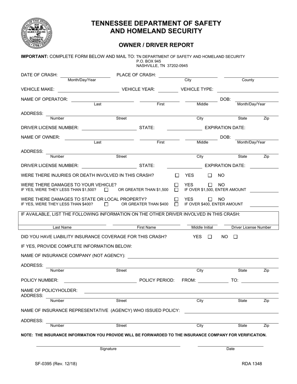 Form SF-0395 Owner / Driver Report - Tennessee, Page 1
