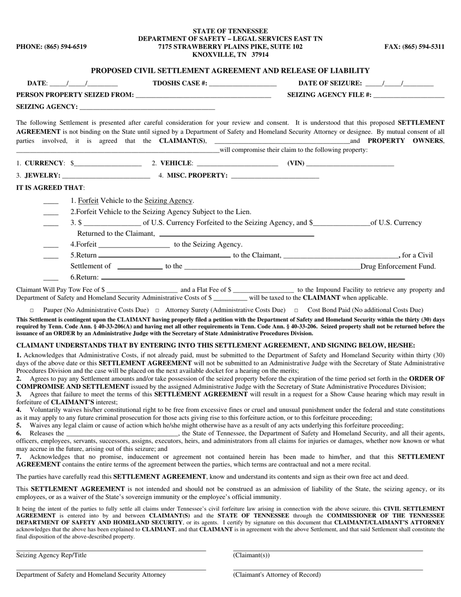 Proposed Civil Settlement Agreement and Release of Liability - East Tennessee - Tennessee, Page 1