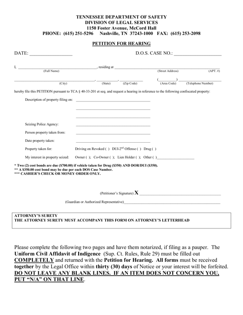 &quot;Petition for Hearing&quot; - Tennessee Download Pdf