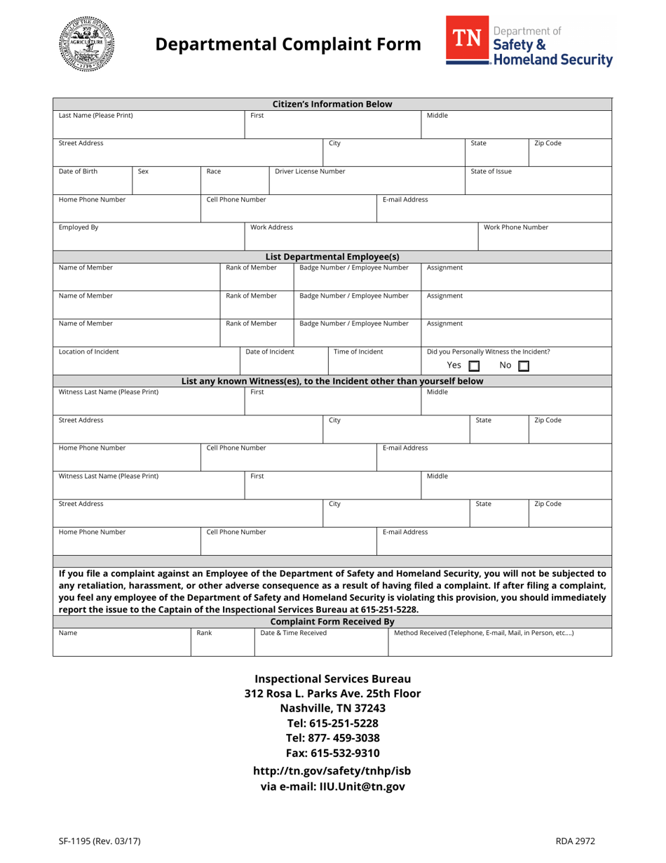 Form SF-1195 Departmental Complaint Form - Tennessee, Page 1