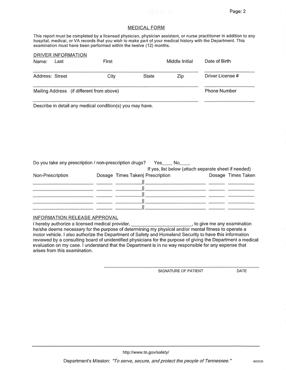 Medical Form - Tennessee, Page 1