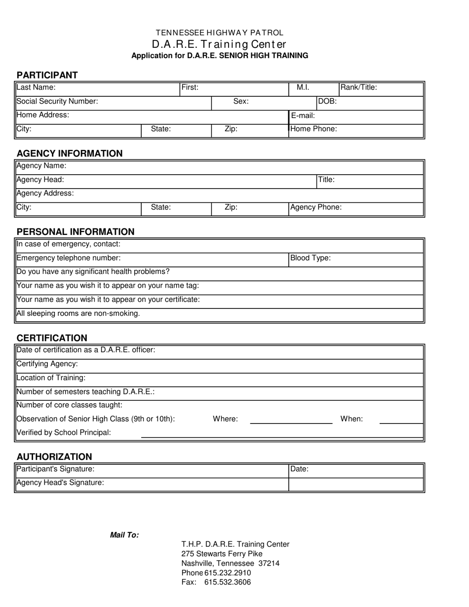 Application for D.a.r.e. Senior High Training - Tennessee, Page 1