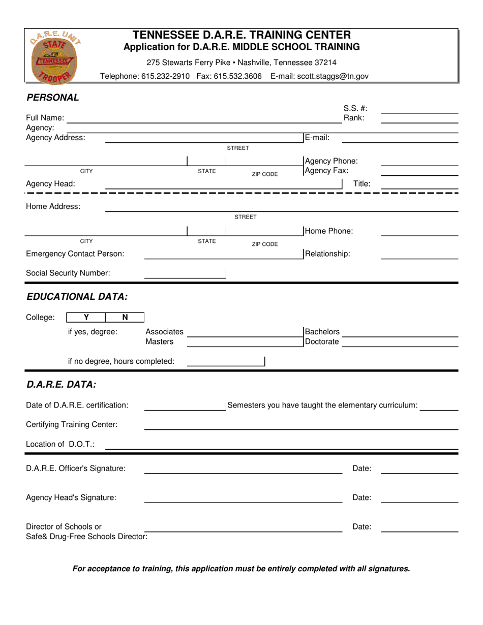 Application for D.a.r.e. Middle School Training - Tennessee, Page 1